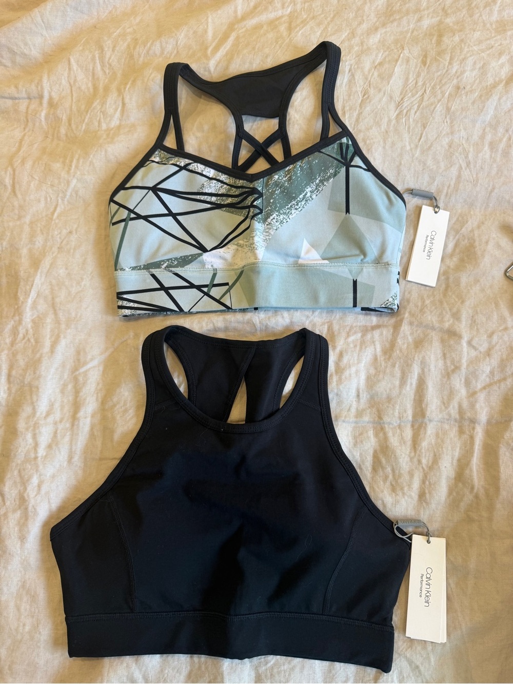 Calvin Klein Black High-Neck Sports Bra & Mint Geometric Print Sports Bra